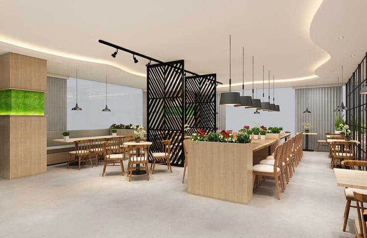 Pantry văn phòng có quầy phục vụ và các dãy bàn ăn chung